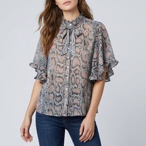 Truth Snake Print Blouse XL Pink Grey Snakeskin Ruffle Flutter Sleeve Tie Neck